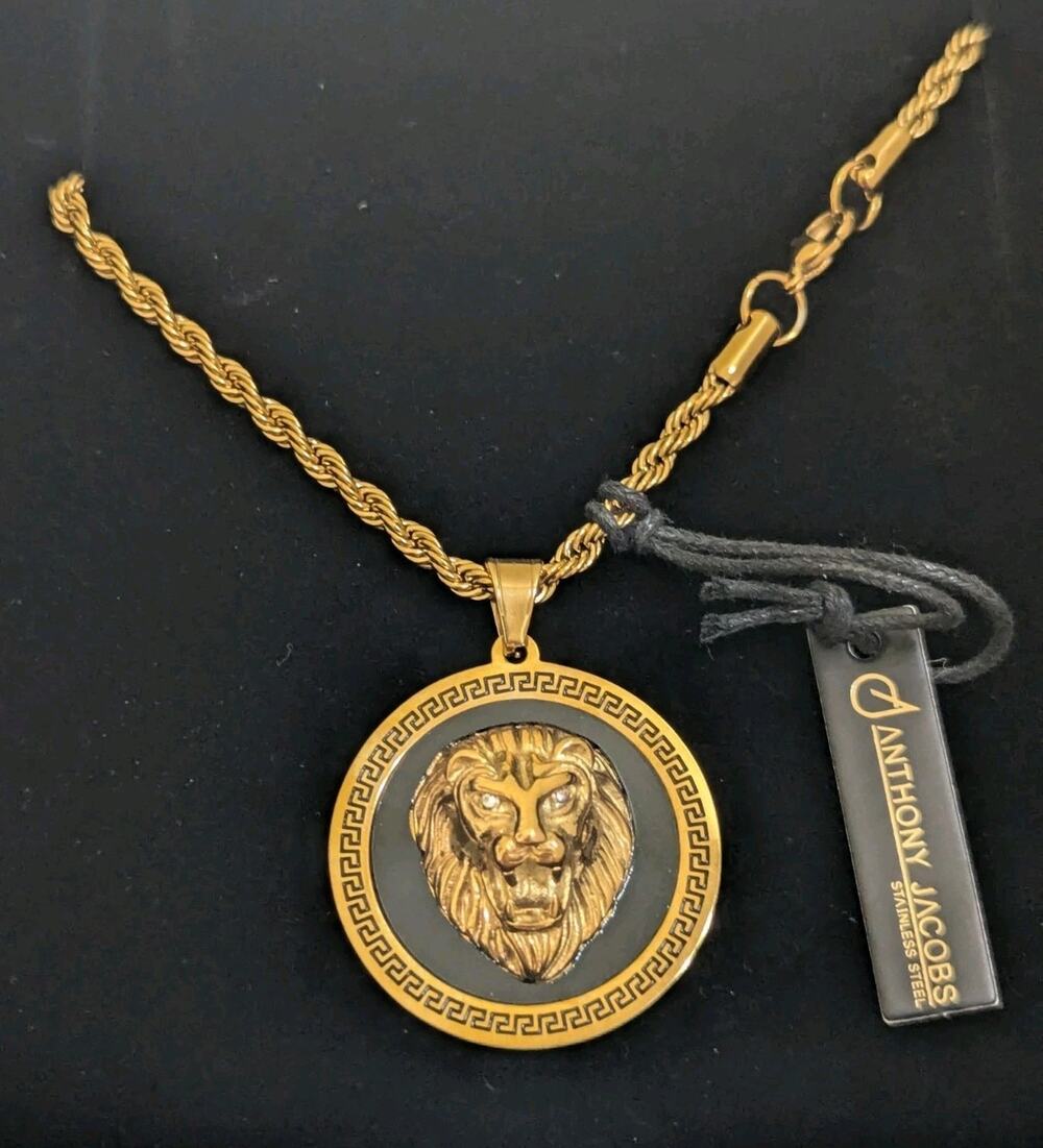 Anthony Jacobs Stainless Steel Lion Pendant Necklace Gold Tone Stone Rhinestone